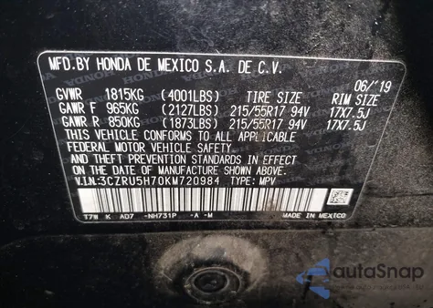 2019 Honda Hr-V Ex-L z USA, uszkodzony, nr VIN 3CZRU5H70KM720984